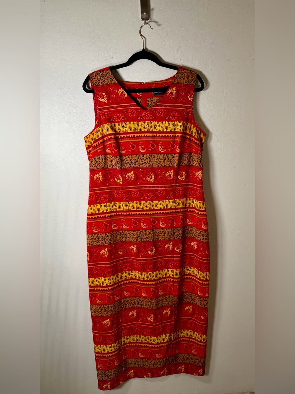 Sag Harbor Red and Yellow Striped Paisley Midi Dress